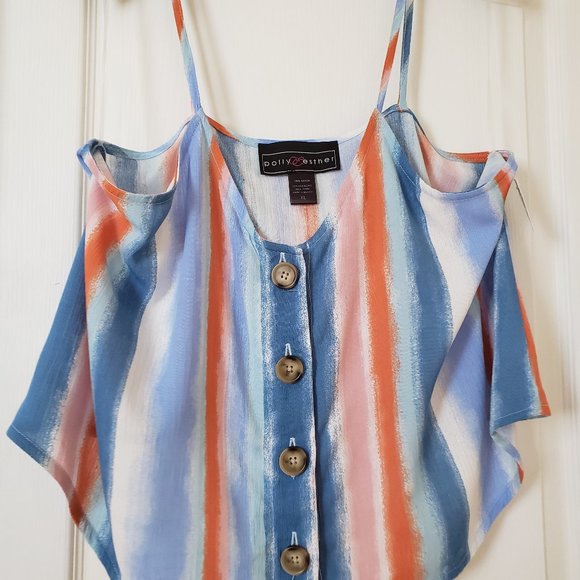 Polly&Esther Striped Wood Button Woven Тор - Picture 2 of 5